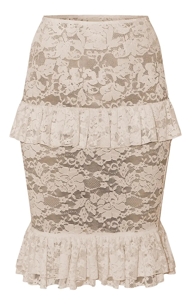 Sand Cream Stretch Lace Sheer Tiered Midi Skirt Co-ord | PrettyLittleThing USA | PrettyLittleThing US