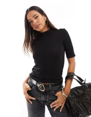 Mango soft touch high neck t-shirt in black | ASOS (Global)
