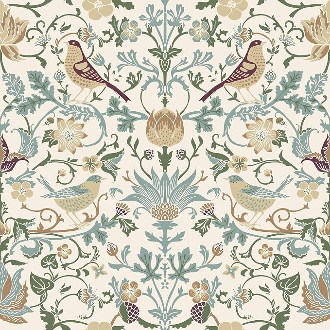 WESTICK Peel and Stick William Morris Wallpaper Vintage Birds Floral Wallpaper Green Leaf Neutral... | Amazon (US)