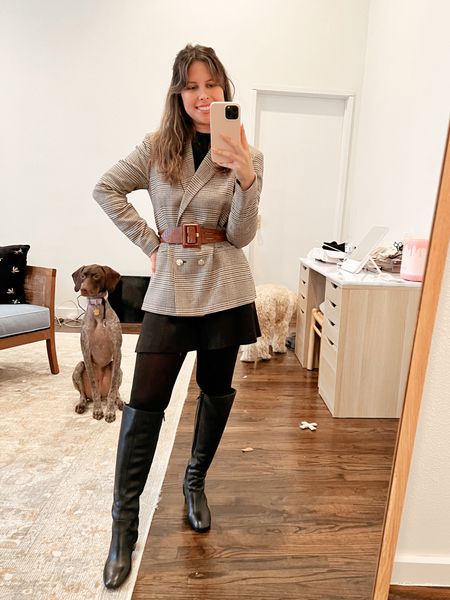 Winter weekend outfit, dinner outfit, blazer, houndstooth blazer, black shorts and tights, tall black boots, belted blazer, brown and black, rag and bone, Alice + Olivia, brown mango belt, banana republic boots 

#LTKstyletip #LTKworkwear