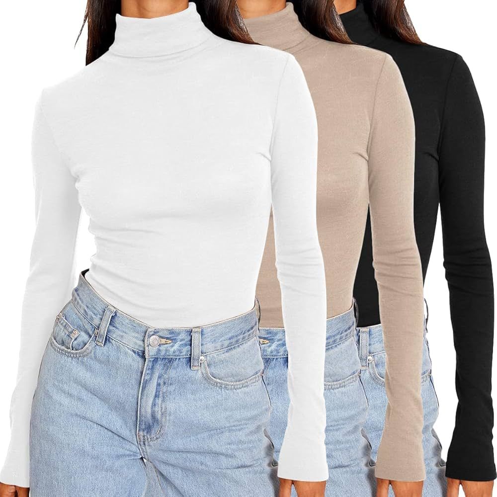 Womens 3 Piece Turtleneck Long Sleeve Shirts Mock Neck Fall Fashion 2023 Slim Fit Winter Thermal ... | Amazon (US)