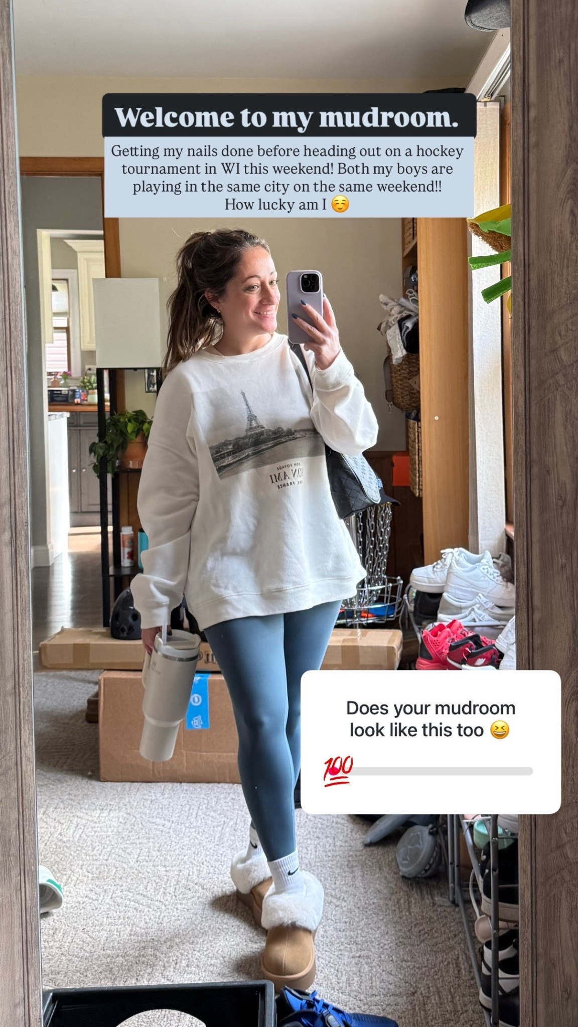 Welcome to my mudroom.  Getting my nails done before heading out on a hockey tournament in WI this weekend! Both my boys are playing in the same city on the same weekend!! 
How lucky am I ☺️