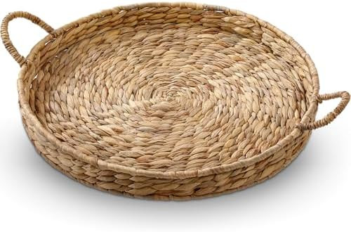 Round Woven Hyacinth Serving Tray with Handles Rattan Decorative Storage Basket for Fruit Arts Cr... | Amazon (US)