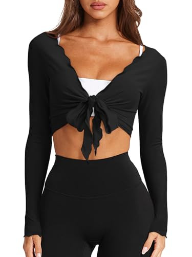 LASLULU Womens Tie Front Wrap Tops Long Sleeve Bolero Shrugs Crop Cardigan Yoga Ballet Cover up T... | Amazon (US)