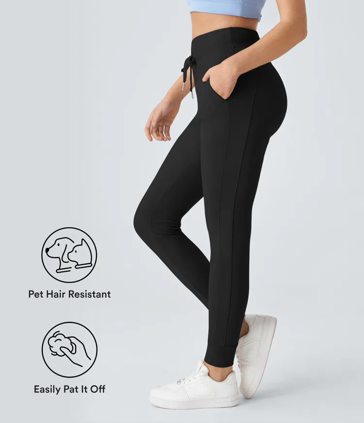 Patitoff™ Flow Pet Hair Resistant High Waisted Drawstring Pocket Plain Full Length Joggers | HALARA