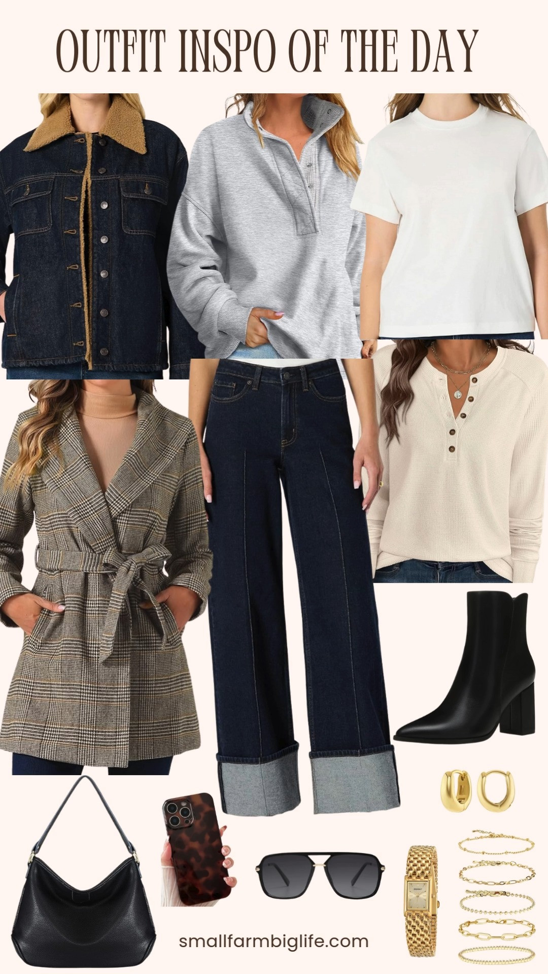 Outfit inspo for the day 🤍 cozy layers with a polished edge. I’m loving the sherpa lined dark denim jacket paired with roll cuff jeans and soft henleys for an easy everyday look, then finishing it off with black block heel ankle boots, gold jewelry, and a classic black shoulder bag. Effortless, comfy, and perfect for running errands or heading out. ✨ 

 #LTKootd #LTKOver40 #LTKFindsUnder50