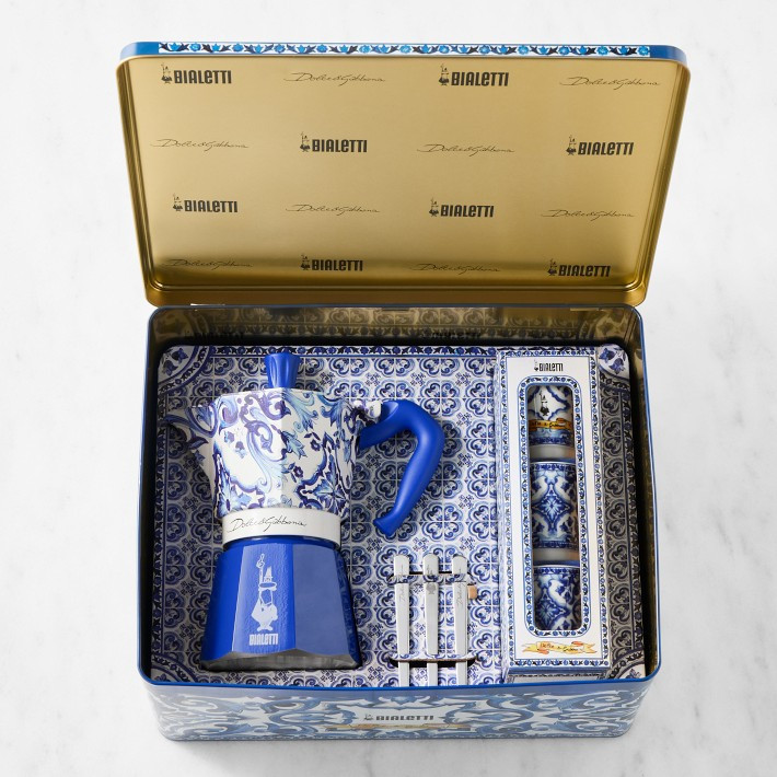 Bialetti Moka Dolce &amp; Gabbana 6-Cup + 3 Espresso Cups &amp; Stirrers Gift Set, Blu Mediterran... | Williams-Sonoma