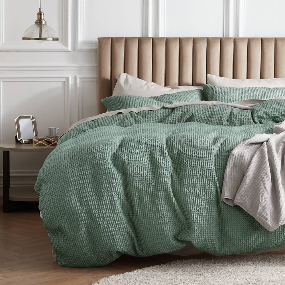 BEDSURE Cotton Duvet Cover King - 100% Cotton Waffle Weave Green Duvet Cover King Size, Soft and ... | Amazon (US)