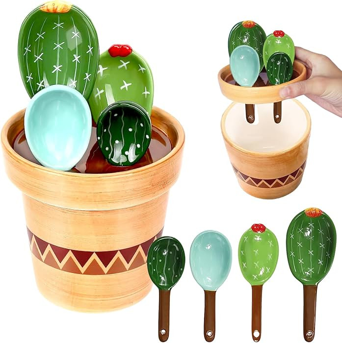 BigNoseDeer Ceramic Cactus Measuring Cups and Spoons Set Organizer, Cute 4 Size Measuring Spoons ... | Amazon (US)