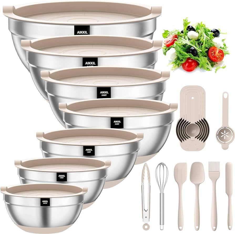 Mixing Bowls with Airtight Lids, 20 piece Stainless Steel Metal Nesting Bowls, AIKKIL Non-Slip Si... | Amazon (US)