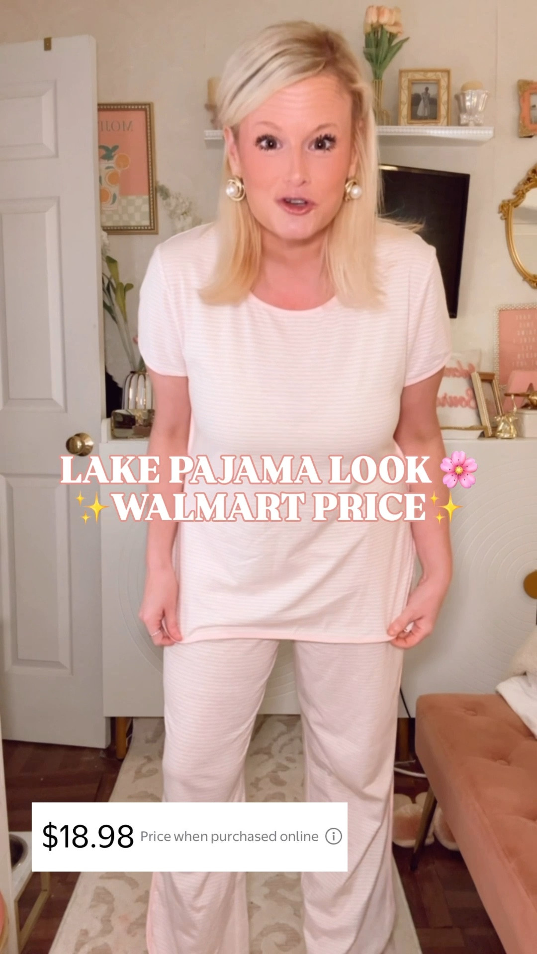 lake pajamas look for less, Lake Pajamas Pima Pant Set dupe, lake pajamas pant set look for less, Walmart lake pajamas, pink stripe pajama set women, pajama pants set women, spring pajamas women, summer pajamas women, lake house pajamas, coastal sleepwear women, lightweight pajama set women, straight leg pajama pants women, girls trip pajamas, vacation pajamas women, mothers day gift pajamas, easter basket gift for her, affordable luxury sleepwear, spring sleepwear women, walmart pajamas women

The Lake Pajamas Pima Pant Set retails for $124.
This is $18.98.

Same pink stripe. Same straight leg silhouette. Same lightweight, airy set that reads lake house weekend and coastal and completely intentional — at a Walmart price that will genuinely shock you.

Crew neck tee. Short sleeves. Curved hem. Binding details at the side seam. Straight leg pants with elastic waistband and side seam pockets. Every detail Lake Pajamas built their reputation on. $18.98.

I sized up to a Large for that easy, relaxed fit.

Four prints. Short set option too. 

This is the set that ends up in Easter baskets, on Mother’s Day wishlists, and in every lake house bag getting packed between now and September. At this price, you grab two prints. You just do.
If the $124 Lake Pajamas Pima Pant Set is sitting in your cart right now — close it. 

#LakePajamas #SpringPajamas #LookForLess #LTKFIndsUnder50 #LTKFindsUnder100 #WalmartStyle #WalmartFinds #GoingViral 

#LTKSeasonal #LTKHome #LTKOver40