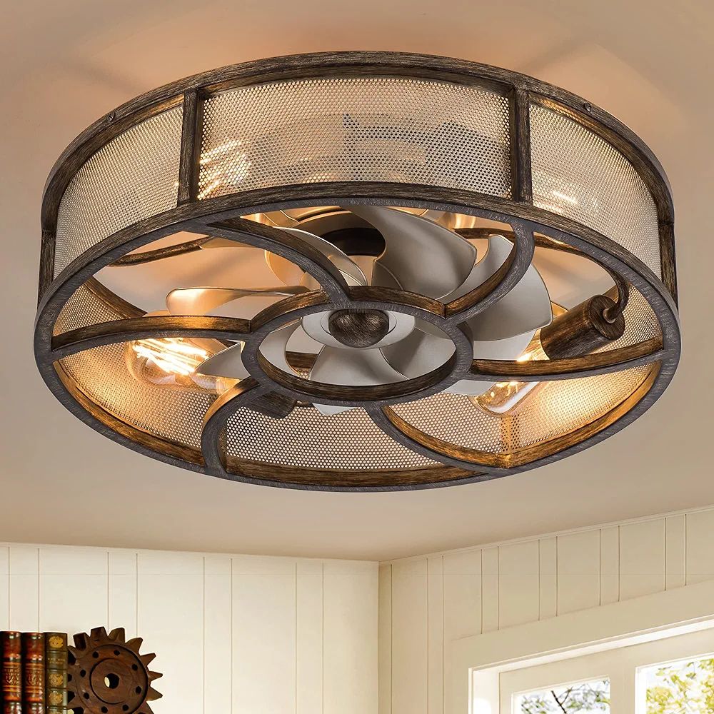Flush Mount Caged Ceiling Fan with Light Remote Control, 21'' Low Profile Farmhouse Ceiling with ... | Amazon (US)