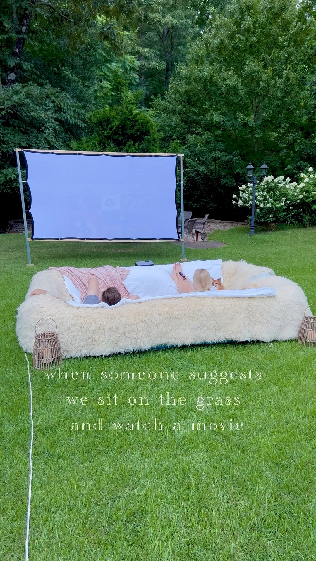 I just don’t think at this age I was meant to watch movies outdoors without plenty of plush pillows and some whimsy!💅🏻😆 I covered a 10 ft inflatable pool with a flokati rug (I happened to be power washing and drying outside) and added a king sized comforter and pillows. We made the outdoor posts that hold the movie screen. Fun outdoor movie date night!

#LTKHome