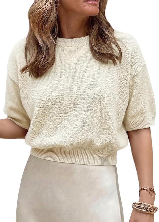 COCCKO Womens Short Sleeve Sweater Cropped Puff Knit Casual Summer Outfits | Amazon (US)