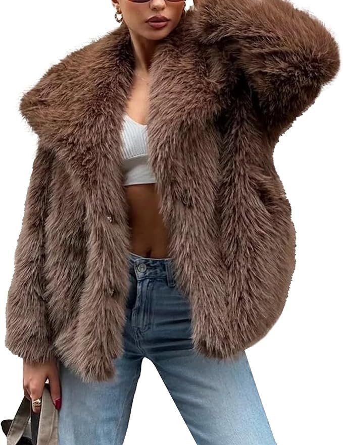 Women's Faux Fur Coat Fluffy Faux Fur Jacket Open Front Long Sleeve Lapel Furry Cropped Outerwear... | Amazon (US)