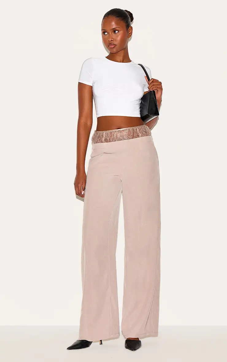Taupe Lace Waist Detail Woven Wide Leg Trousers | PrettyLittleThing USA | PrettyLittleThing US