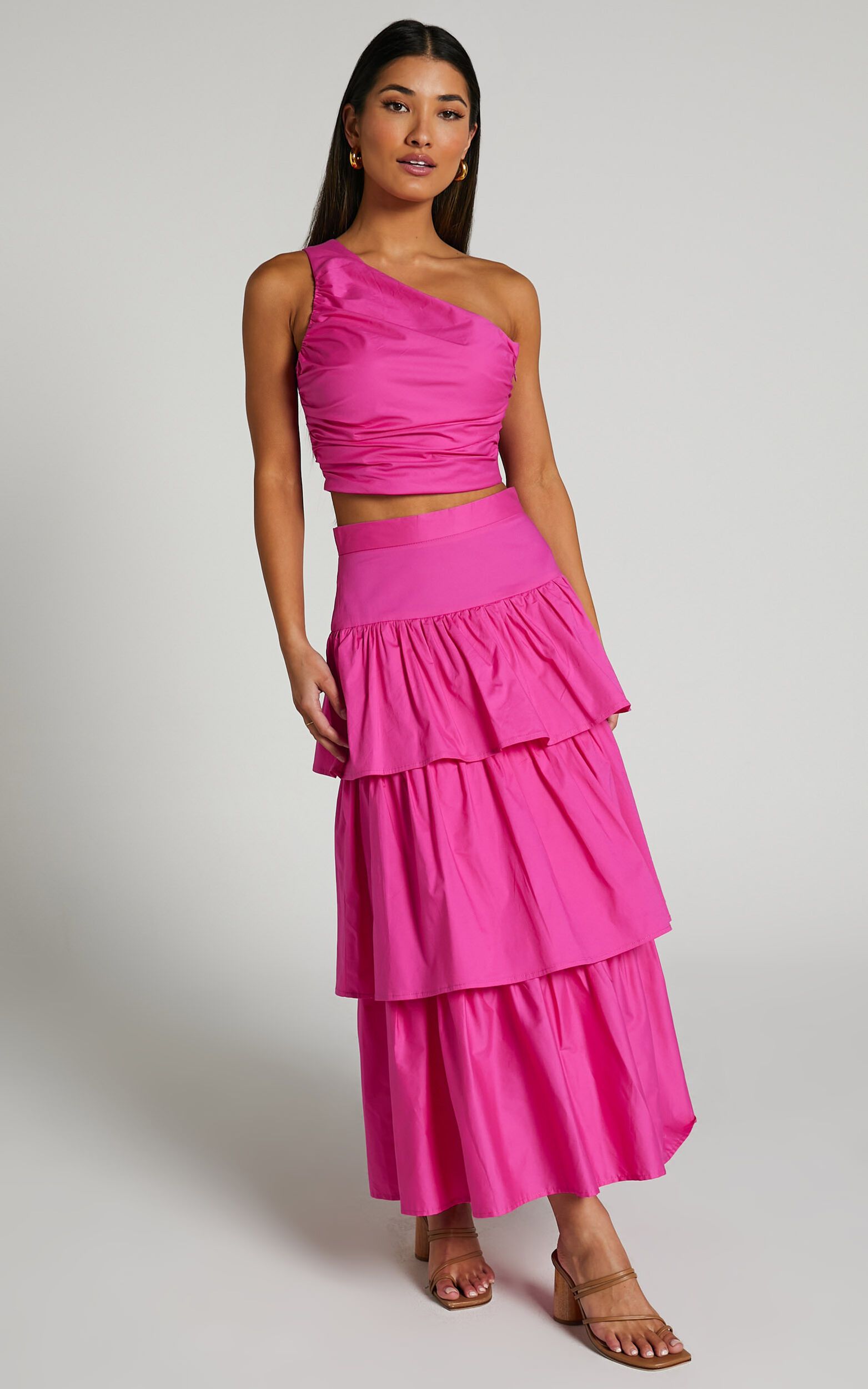 Kaycie Two Piece Set - One Shoulder Asymmetrical Ruched Top and Tiered Midi Skirt Set in Pink | Showpo (US, UK & Europe)