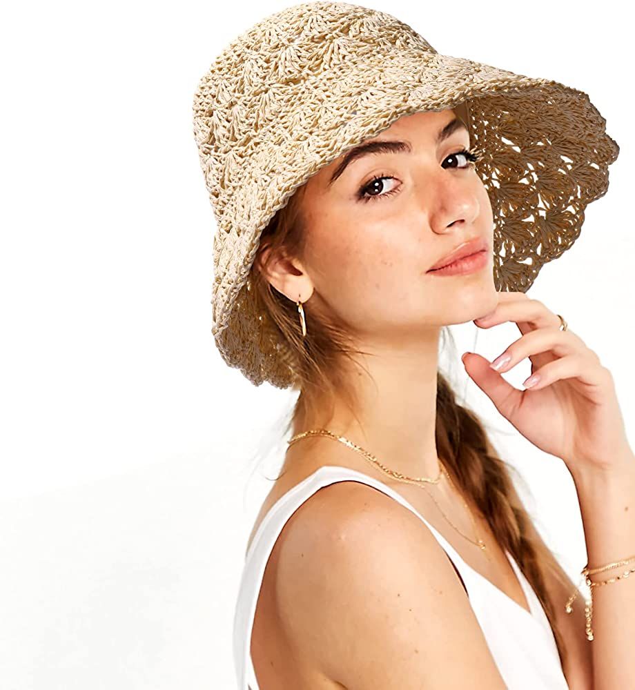Sun Hat Womens Summer Packable Bucket Hats Boho Beach Straw for Women UV Protection Cute Foldable Ca | Amazon (US)