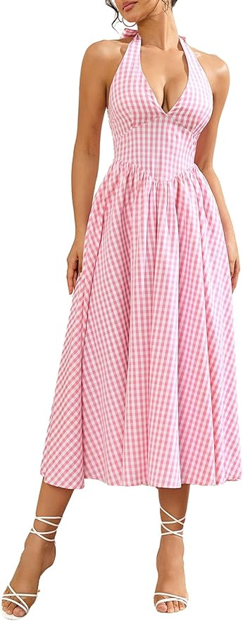 Parthea Women's Summer Midi Dress Smocked Gingham Halter V Neck Sundress Elegant Flowy A Line Bea... | Amazon (US)