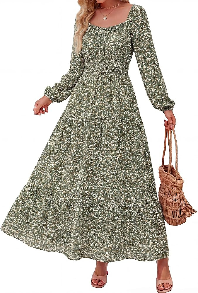 BTFBM Long Sleeve Dress for Women 2026 Spring Fall Boho Floral Square Neck Casual Flowy Long Wedd... | Amazon (US)