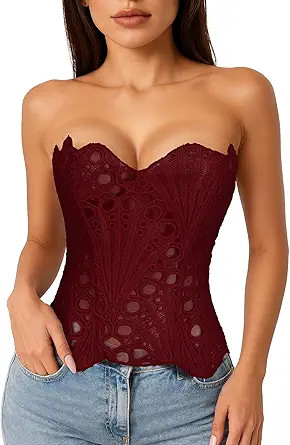 LEACOOLKEY Lacework Corset Top for Women Sexy Textured Sheer Floral Lace Bustier Going Out Lace-u... | Amazon (US)