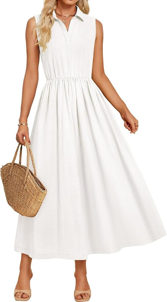 ZESICA Women's Summer Sleeveless Work Midi Dress 2025 V Neck Casual Swing Office Dresses with Poc... | Amazon (US)