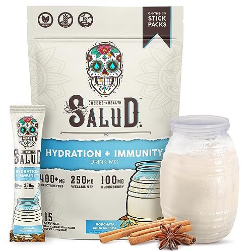 Salud 2-in-1 Hydration Packets + Immunity Electrolytes Powder, Horchata - Jamaica Agua Fresca Drink Mix, Elderberry, Dairy & Soy Free, Non-GMO, Gluten Free, Vegan, Low Calorie, 1g Sugar (15 Servings) | Amazon (US)