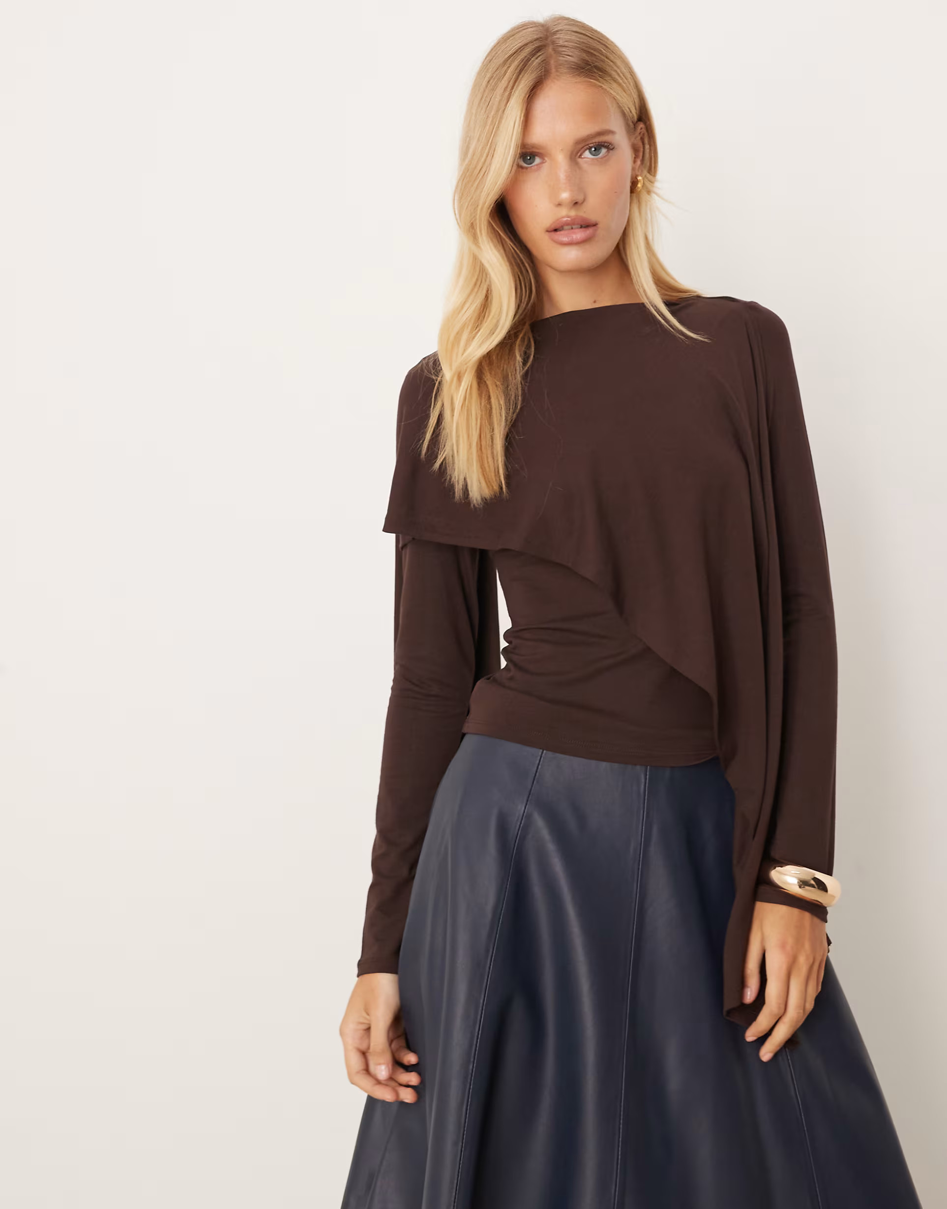 ASOS DESIGN scarf drape detail long sleeve top in brown | ASOS | ASOS (Global)