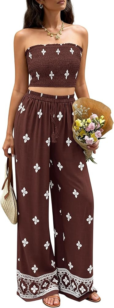 PRETTYGARDEN 2 Piece Sets for Women Summer 2026 Travel Outfits Print Tube Tops Wide Leg Pants Bea... | Amazon (US)
