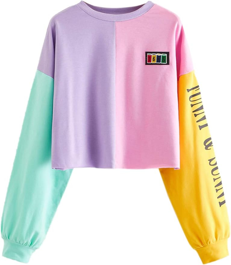 SweatyRocks Women's Letter Print Color Block Crop Sweatshirt Long Sleeve Pullover Tops | Amazon (US)