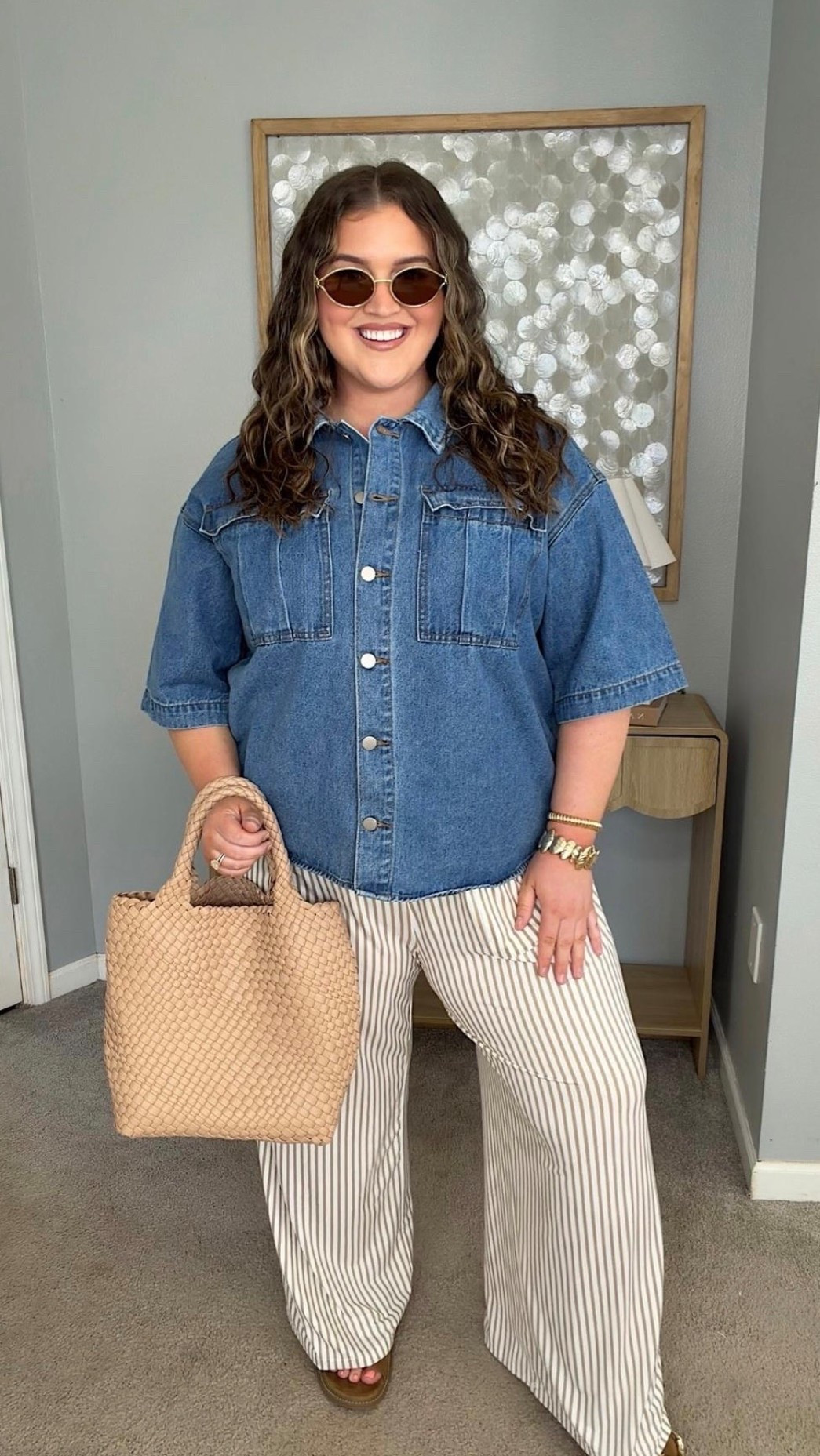 I love a cute, trendy outfit that is appropriate for the office 💼 and on trend. These lightweight,
 Striped pants that are super comfy and can be dressed up or down are such a vibe this summer. This may be one of my favorite color combos for the warm weather. 
Striped pants, denim top, woven handbag

#LTKPlusSize #LTKWorkwear #LTKSeasonal