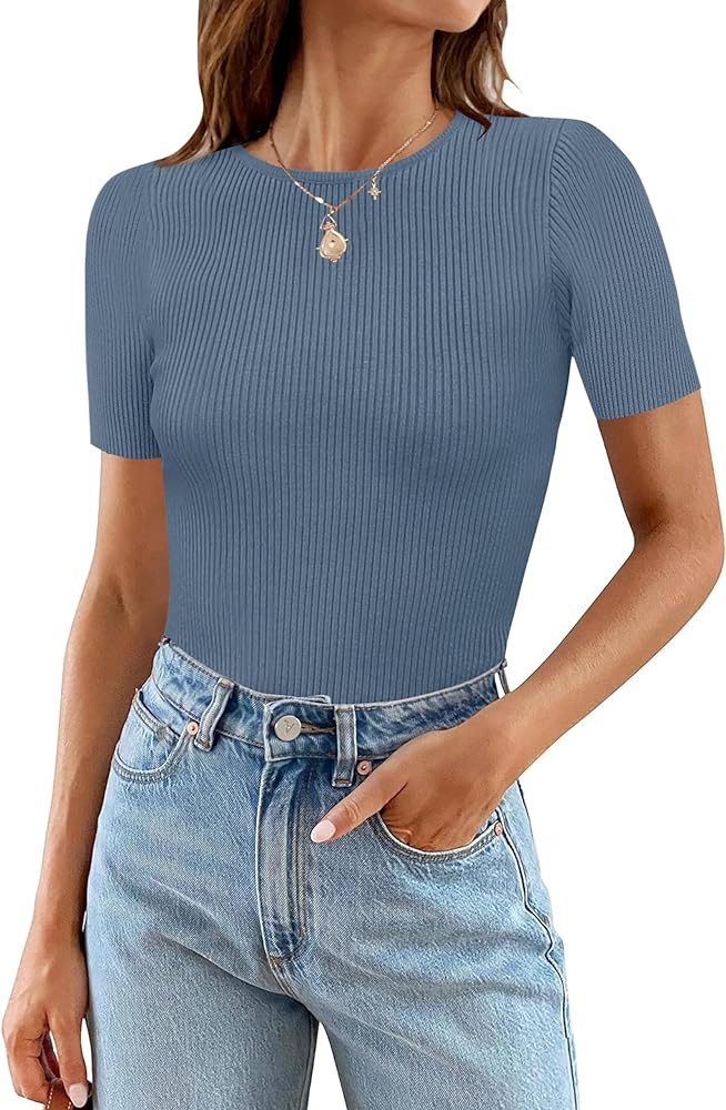 MEROKEETY Women's Short Sleeve Ribbed Bodysuits 2024 Summer Crewneck Basic Knit Body Suit | Amazon (US)