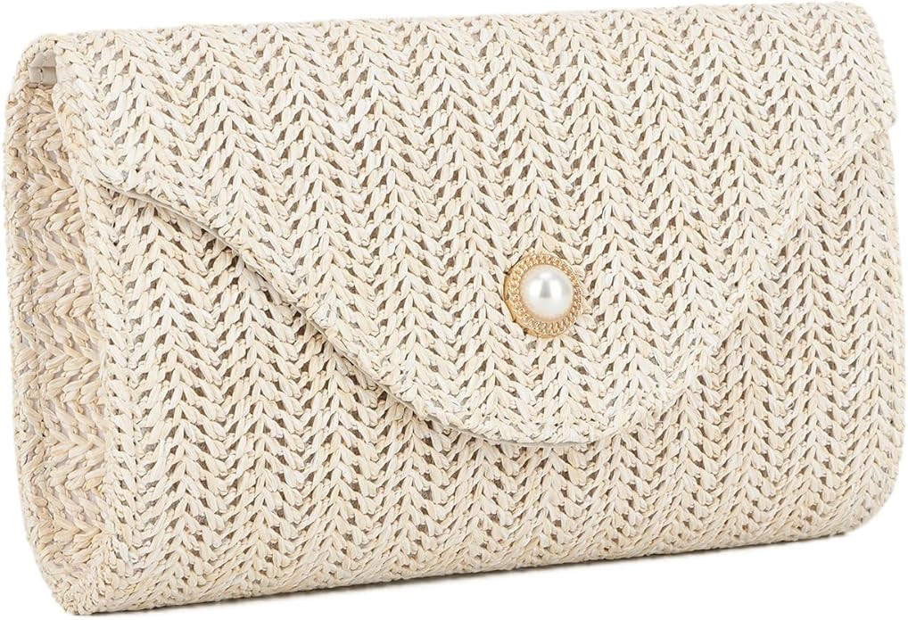 Oweisong Raffia Straw Clutch Purses for Women Summer Pearl Evening Handbags Woven Envelope Should... | Amazon (US)