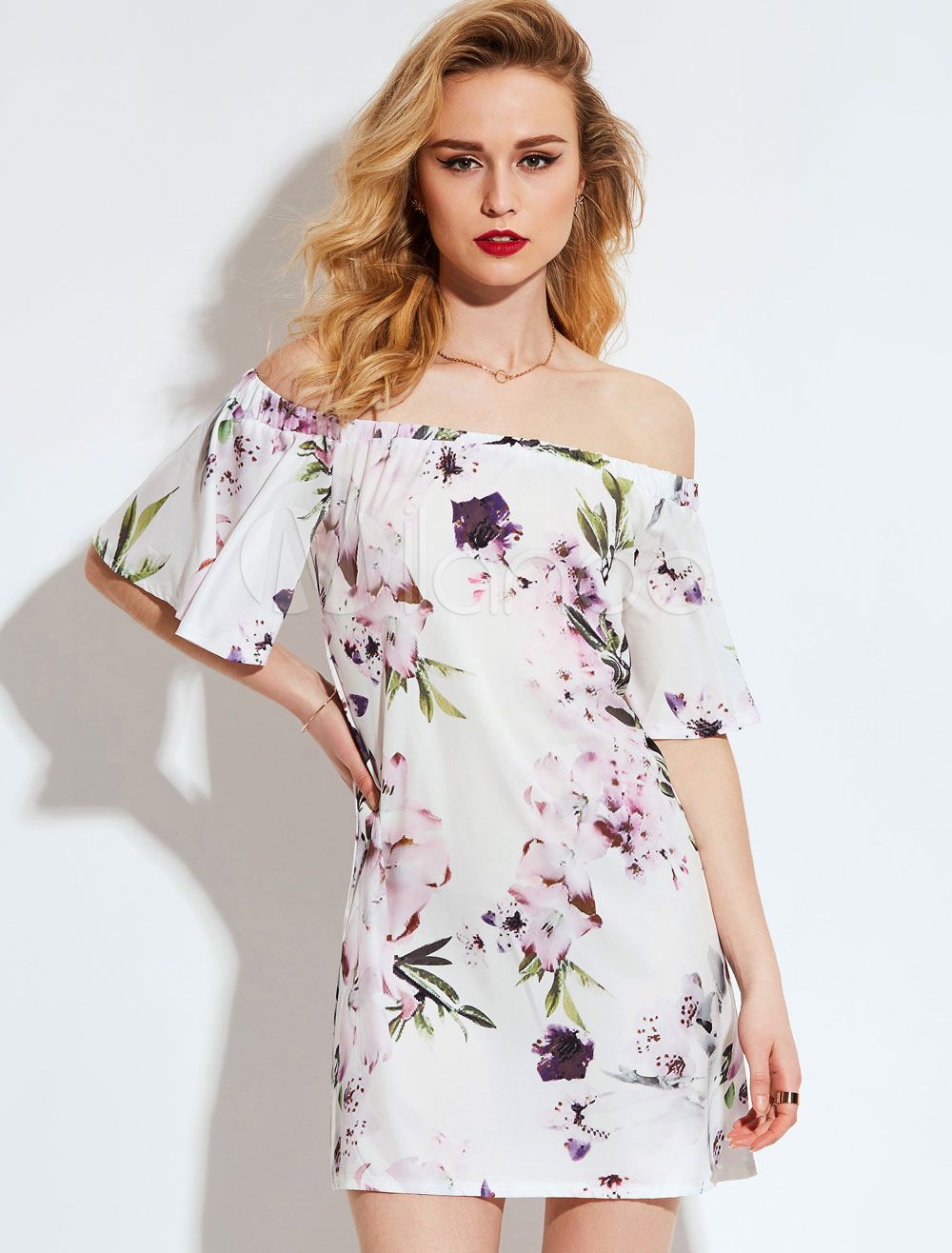 White Mini Dress Off The Shoulder Half Sleeve Floral Printed Short Dress | Milanoo