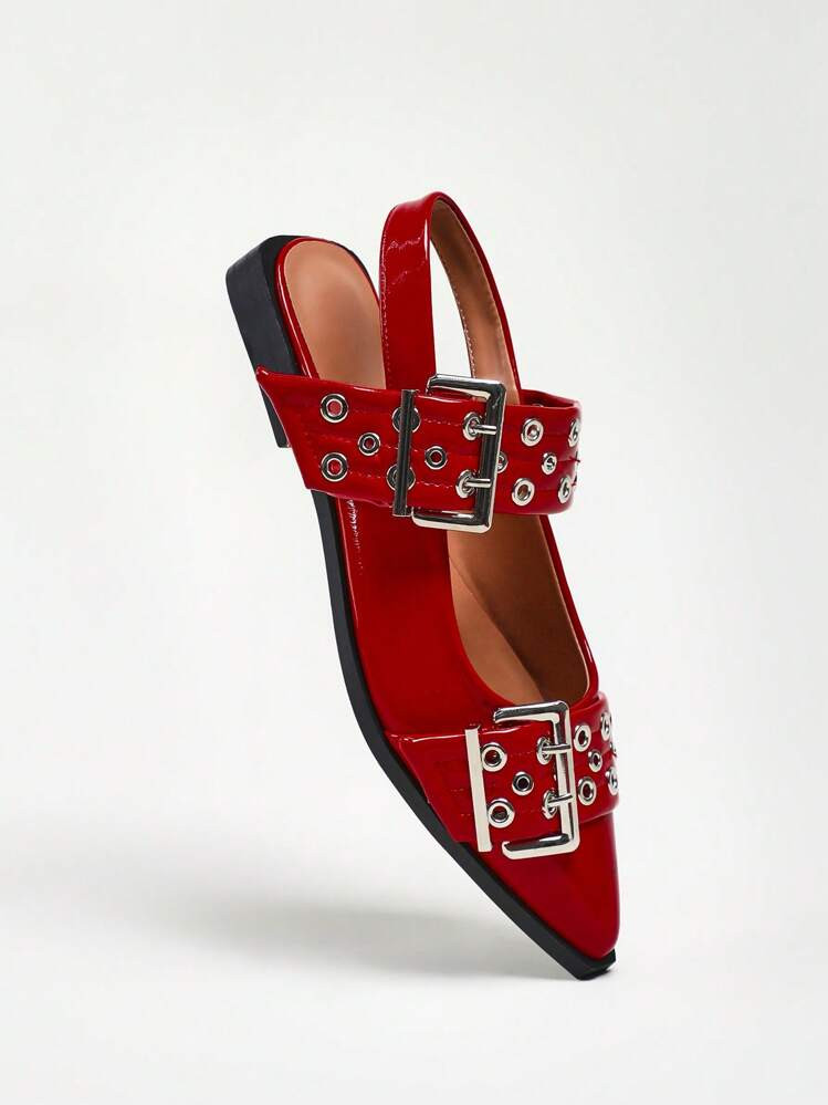 Solezae Women's Oversized Buckle Chunky Grommet Snip Toe Slingback Pat Red Flats–Sophisticated Punk Style, Angular Silhouette, Affordable Luxury, And Versatile Summer Shoes Spring Shoes Spring Break Easter Mother's Day Present For Christmas Valentine's Day | SHEIN