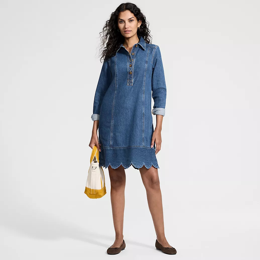 Women's Soft Denim Eyelet Popover At The Knee Dress | Lands' End (US)