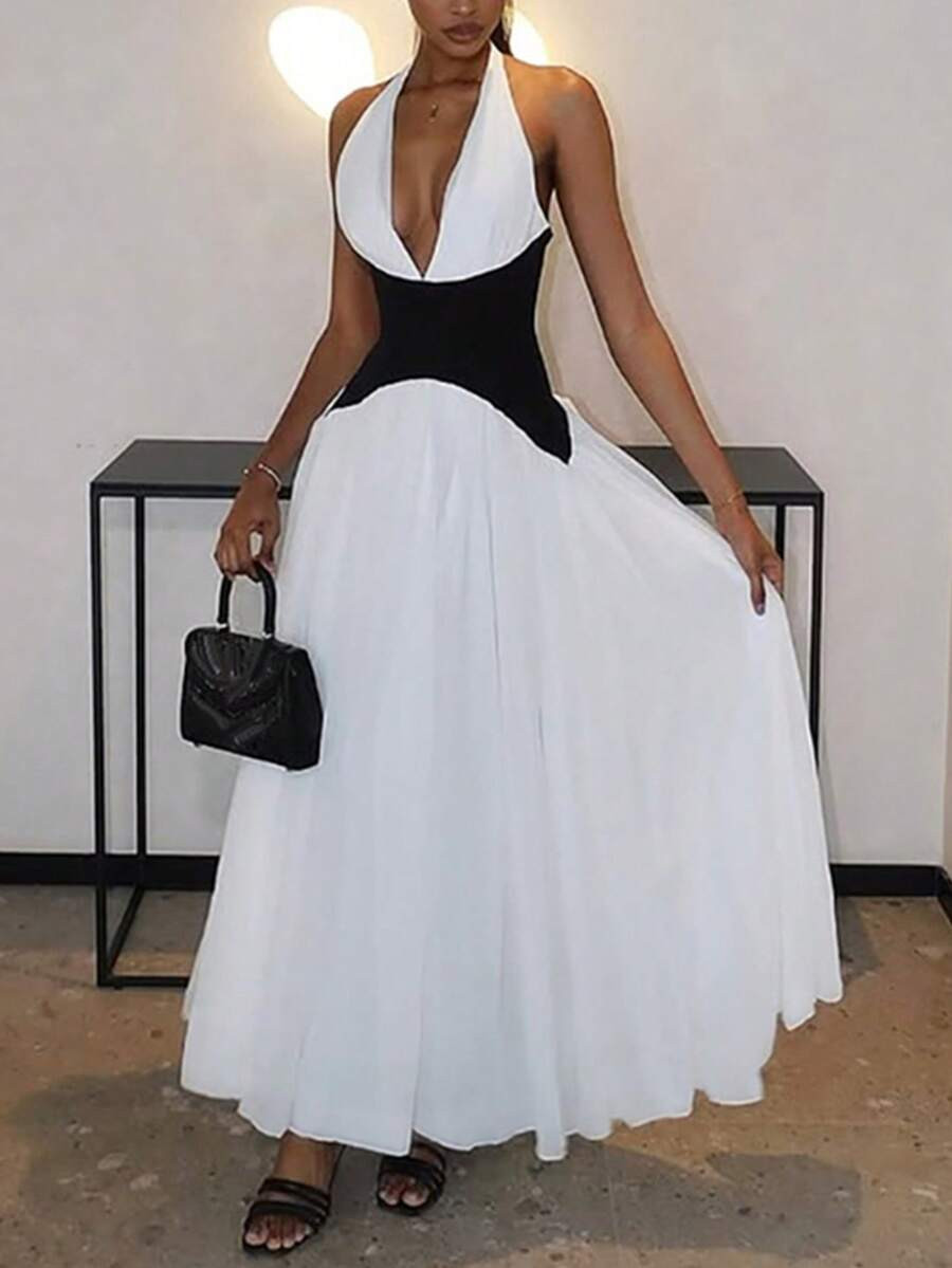 Women's Sexy V-Neck Backless Contrast Color Waist Maxi Dress Party White Elegant Summer | SHE... | SHEIN