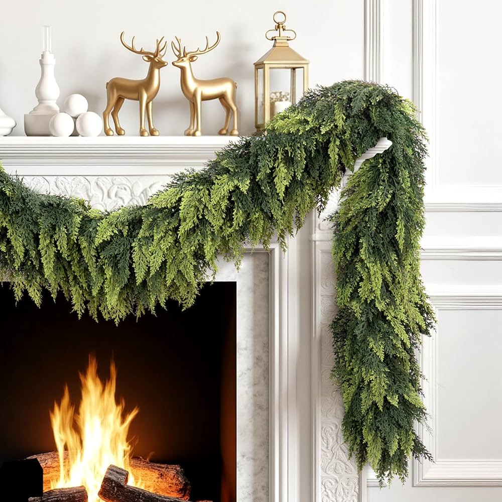 9 Ft Real Touch Christmas Garland with 210 Branches - Cedar Garland Thick and Lush, Artificial Re... | Amazon (US)