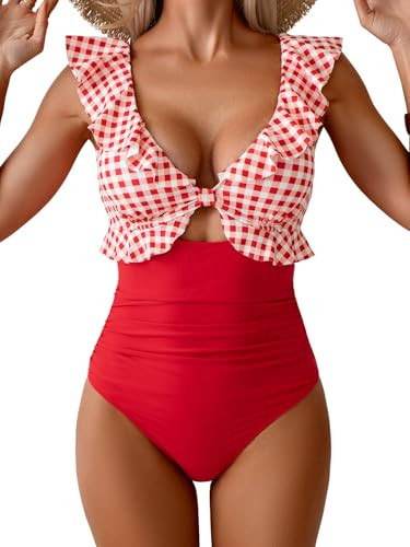 Aidonger Women's One Piece Swimsuit Tummy Control Ruffle Bathing Suit V Neck Ruched Swim Suit Slimming Cutout Swimwear | Amazon (US)