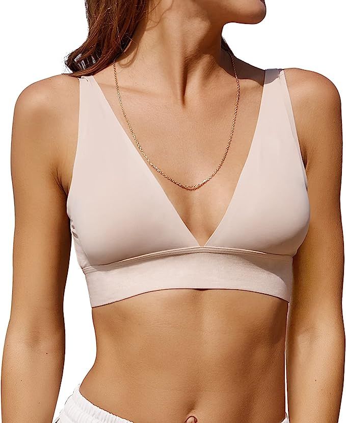 Women's Seamless Plunge Bra Deep V-Neck Wireless Comfort Bras Unlined Triangle Sporty Bras Ultra ... | Amazon (US)