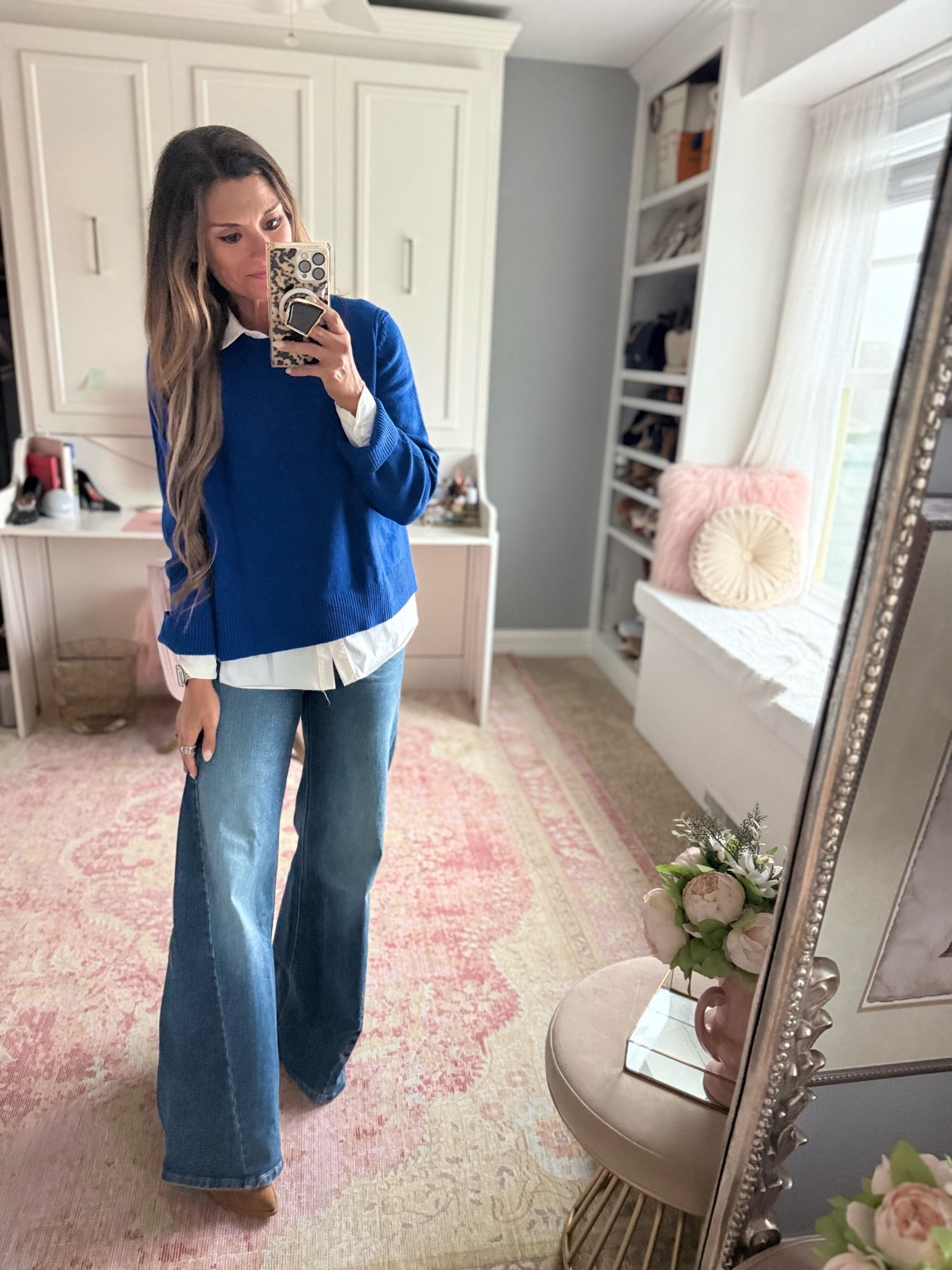 $15 blue sweater with wide leg jeans