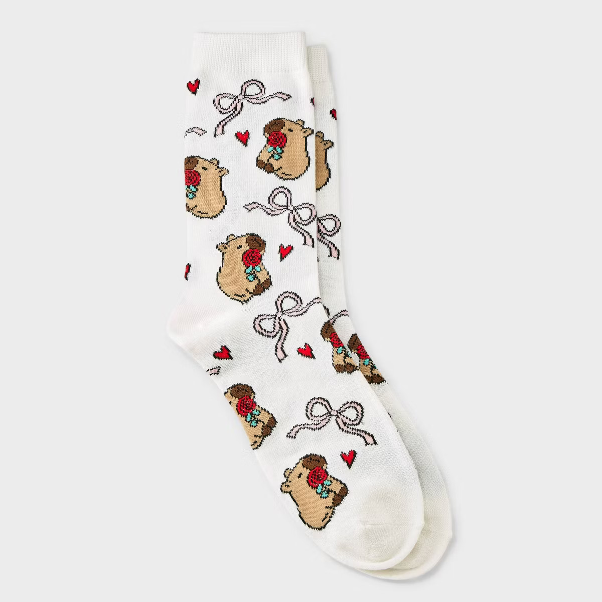 Women's Sweet Capybara Valentine's Day Crew Socks - Ivory 4-10 | Target
