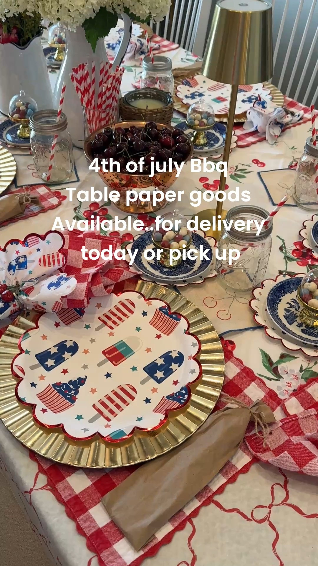 Here’s a peek at my 4th Bbq table
… using a mix of paper good and real Dishes
$2.98-$4

🚨Available for  delivery TODAY or pick up

! A great way to make paper goods look more intentional ❤️🤍💙 by laying with a few 
Real dishes /

Masion jars for drinking glasses is cute for a bbq
With red white paper straws

Silverware is grab and go  as Islid them in mini brown paper bags and tied with string …

Gold charges to hold paper plates and blue and white vintage china dessert plates  
To hold mini candy or dessert holders 

Gold lamps rechargeable

French pitchers filled with hydrangeas and flags 

Cherry napkin holders  (vintage) linked similar

#LTKHome #LTKOver40 #LTKSeasonal