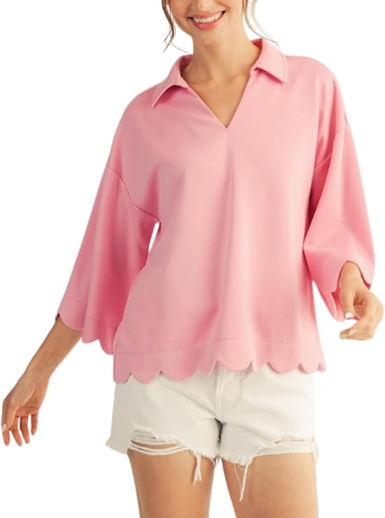 Womens Scallop Edge Detail Solid Top 3/4 Sleeve V-Neck Collared Blouse Shirt | Amazon (US)
