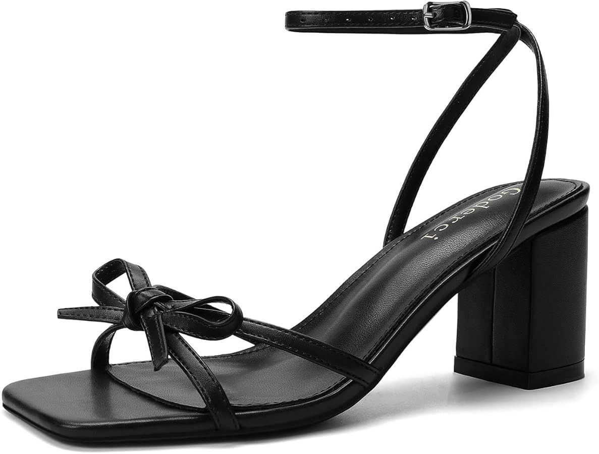 Bow Strappy Heels for Women Square Open Toe Mid Chunky Block Heeled Sandals | Amazon (US)