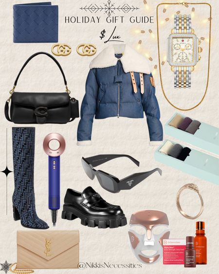 Holiday gift guide lux 
Saks 
Wolf and badger 
Amazon 
Nordstrom 
Cashmere socks 
Sephora 
Gold ring 
Prada loafers 
Fendi boot 
Dyson blow dryer 
Viral Prada sunglasses 
Viral coach cloud purse 
Two tone watch 
Gold chain 
Gucci studs 
Bottega wallet 
Woven wallet 
Leather wallet 
YSL purse 

#LTKSeasonal #LTKGiftGuide #LTKHoliday