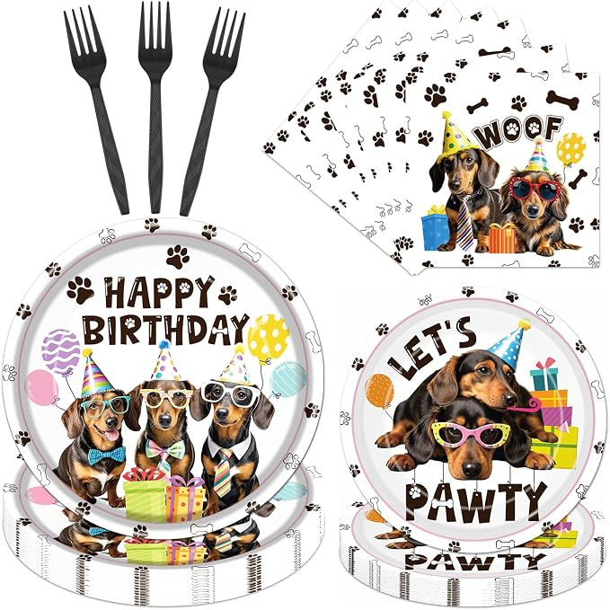 Dachshund Dog Birthday Tableware Plates Napkins Decor 96PCS | Amazon (US)