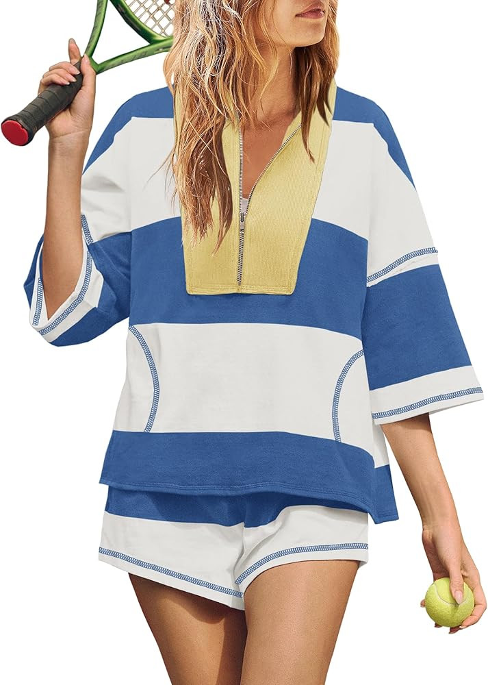 Yanekop Womens 2 Piece Outfits Summer Striped Workout Set Oversized Matching Lounge Sets Quarter ... | Amazon (US)