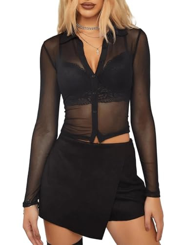ZANZEA Women's Sexy Mesh Shirt Sheer Button Up Blouse See Through Long Sleeve Crop Top | Amazon (US)