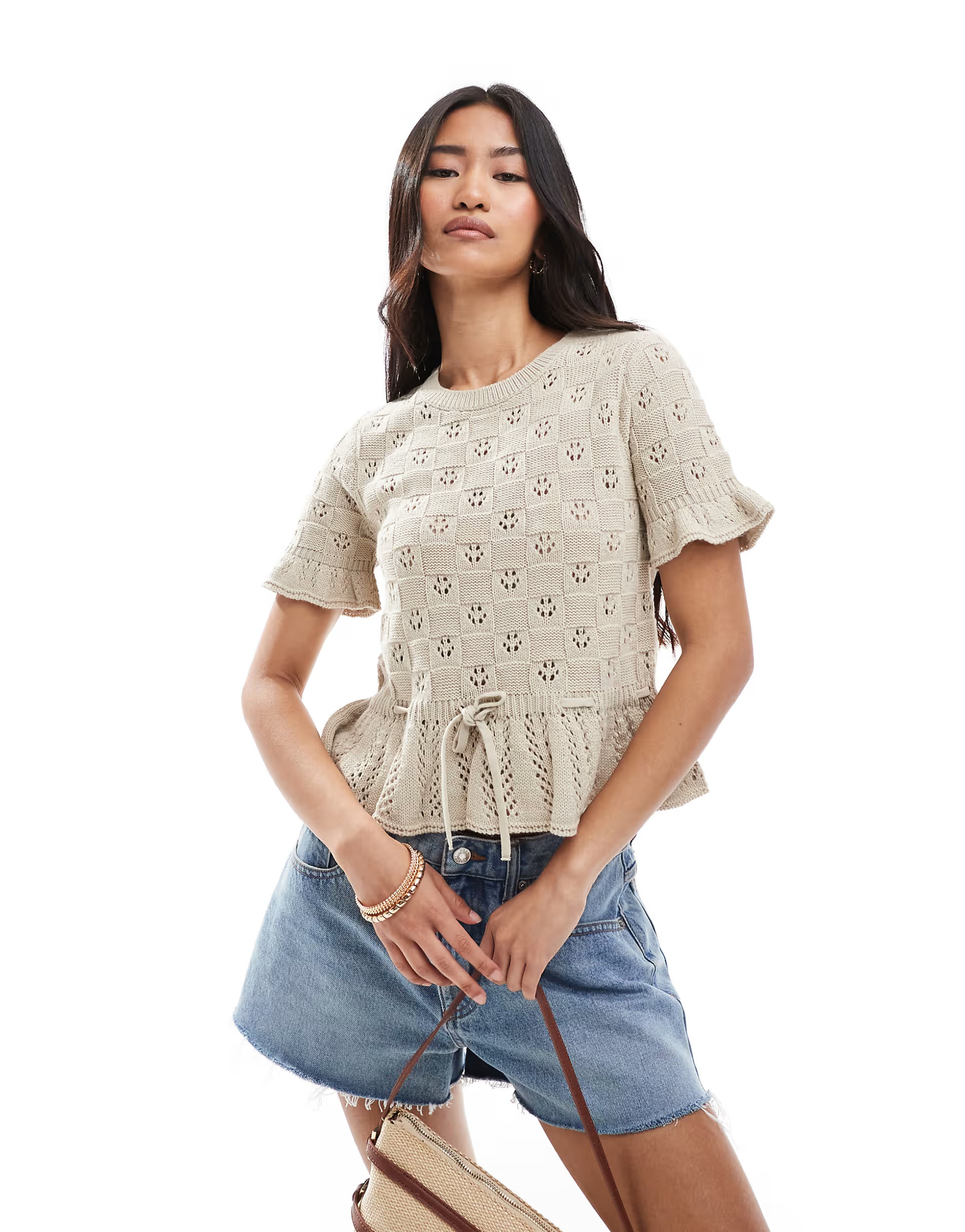 Miss Selfridge knit tie waist peplum short sleeve cardigan in cream | ASOS (Global)